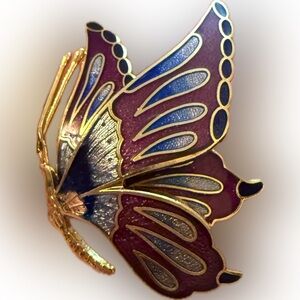 Vintage Signed Fish Enterprises Butterfly Burgundy & Violet Enameled Brooch Pin